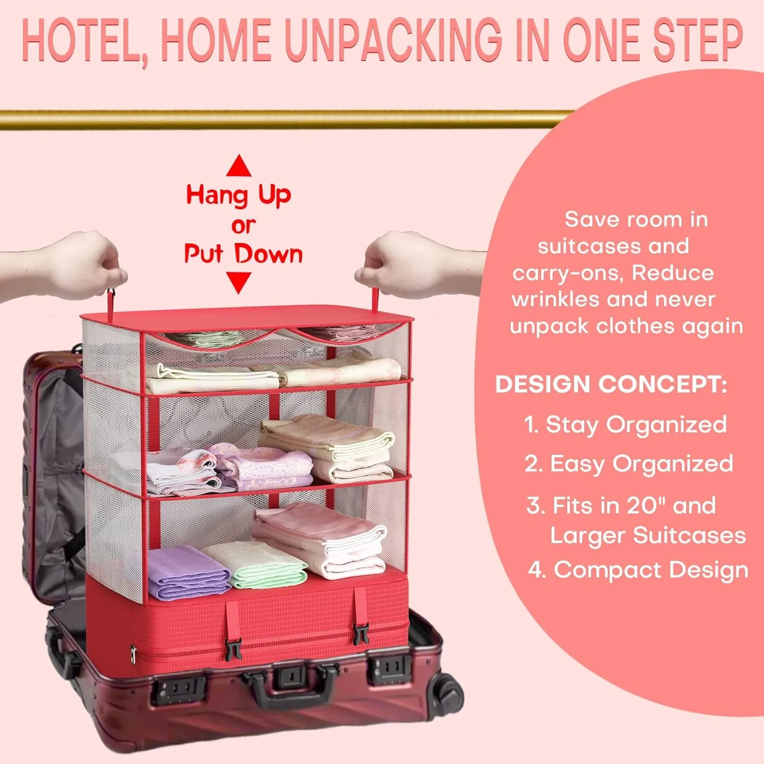 Hanging Packing Cubes for Suitcase Organizer Bags, Upgraded Nylon Fabric Portable Closet 17 * 12 * 24in, Compression Packing and Unpacking In One Step for Business Travel Essentials