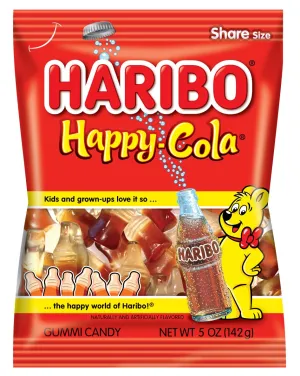 HARIBO Gummi Candy, Happy-Cola Gummy Candy Soda Bottles, 5 Ounce Share Size Bags (Pack of 12) Delicious Soft & Chewy Sweet Snacks, Classic Cola Flavor