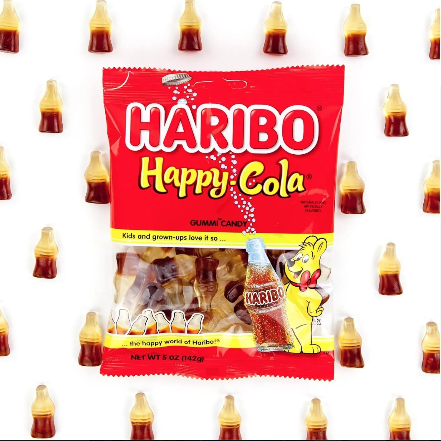 HARIBO Gummi Candy, Happy-Cola Gummy Candy Soda Bottles, 5 Ounce Share Size Bags (Pack of 12) Delicious Soft & Chewy Sweet Snacks, Classic Cola Flavor