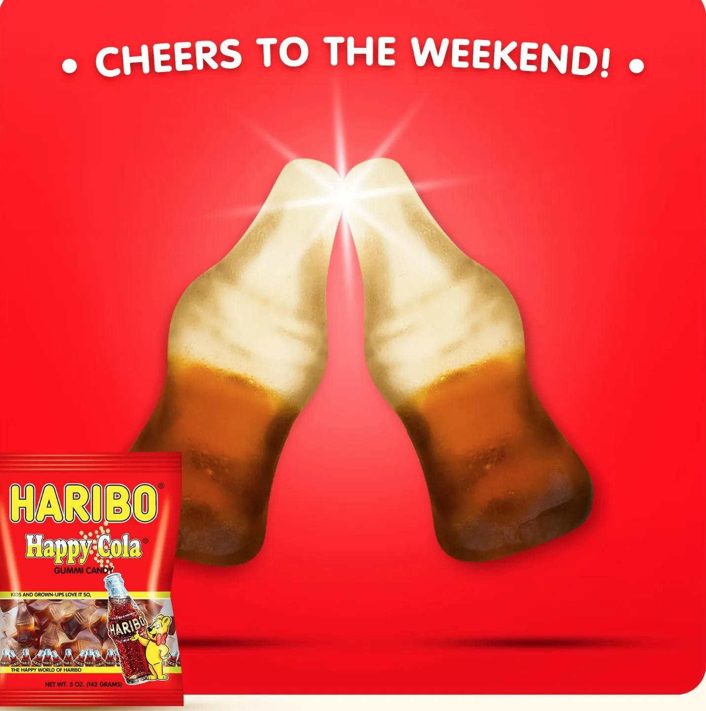 HARIBO Gummi Candy, Happy-Cola Gummy Candy Soda Bottles, 5 Ounce Share Size Bags (Pack of 12) Delicious Soft & Chewy Sweet Snacks, Classic Cola Flavor