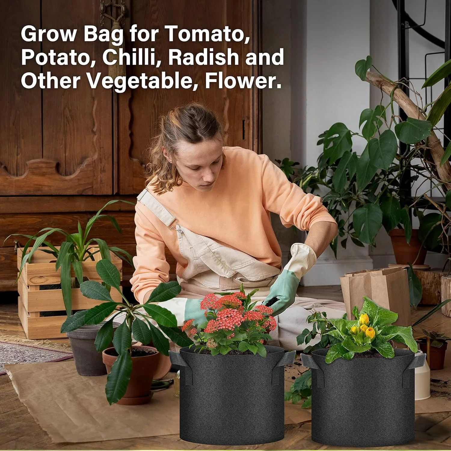 HealSmart 7 Gallon 10 Pack Plant Grow Bags, Tomoato Planter Pots with Handles, Aeration Nonwoven Fabric, Heavy Duty Gardening Planter for Vegetable, Herbs and Flowers, Black