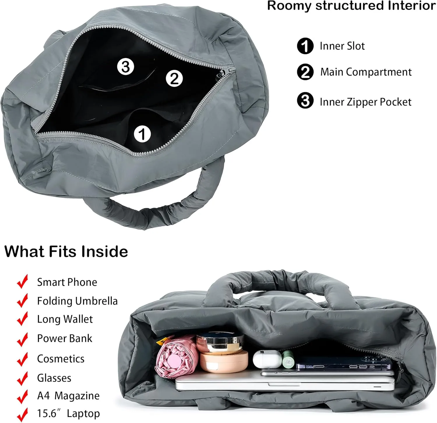 Herald Puffer Tote Bag for Women, Large Quilted Puffy Handbag Lightweight Satchel Purse for Work Travel Gym Shop