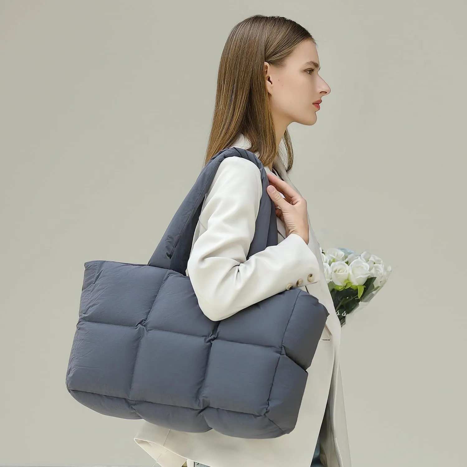 Herald Puffer Tote Bag for Women, Large Quilted Puffy Handbag Lightweight Satchel Purse for Work Travel Gym Shop