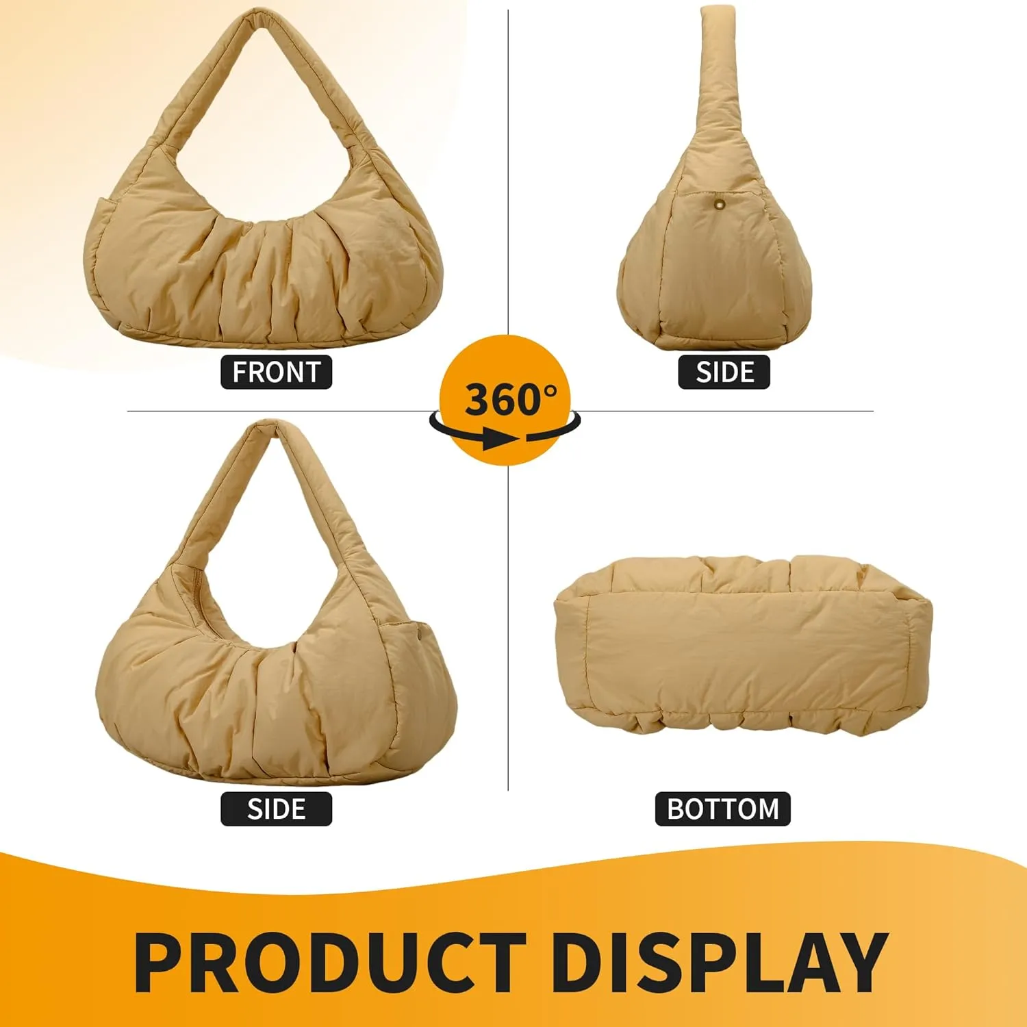 Herald Ruched Puffer Shoulder Bag for Women, Nylon Lightweight Puffy Cloud Crescent Carryall Hobo Handbag Soft Purse
