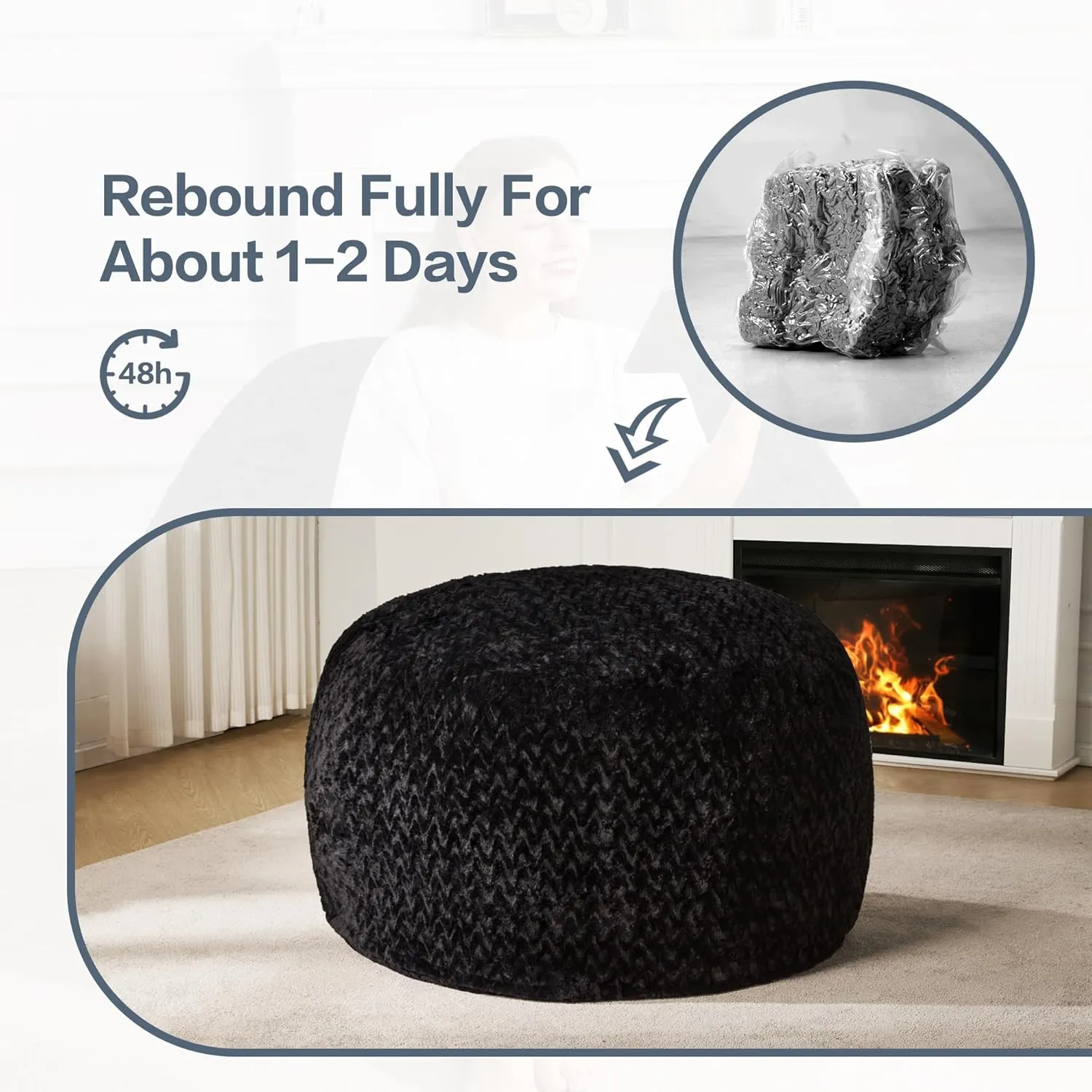 Hobestluk 3ft Bean Bag Chairs for Adults Large Beanbag Chair with Chevron Plush Fur Cover Big Bean Bag Chair for Living Room Bedroom Dorm Office - Black (36” x 36” x 22”)