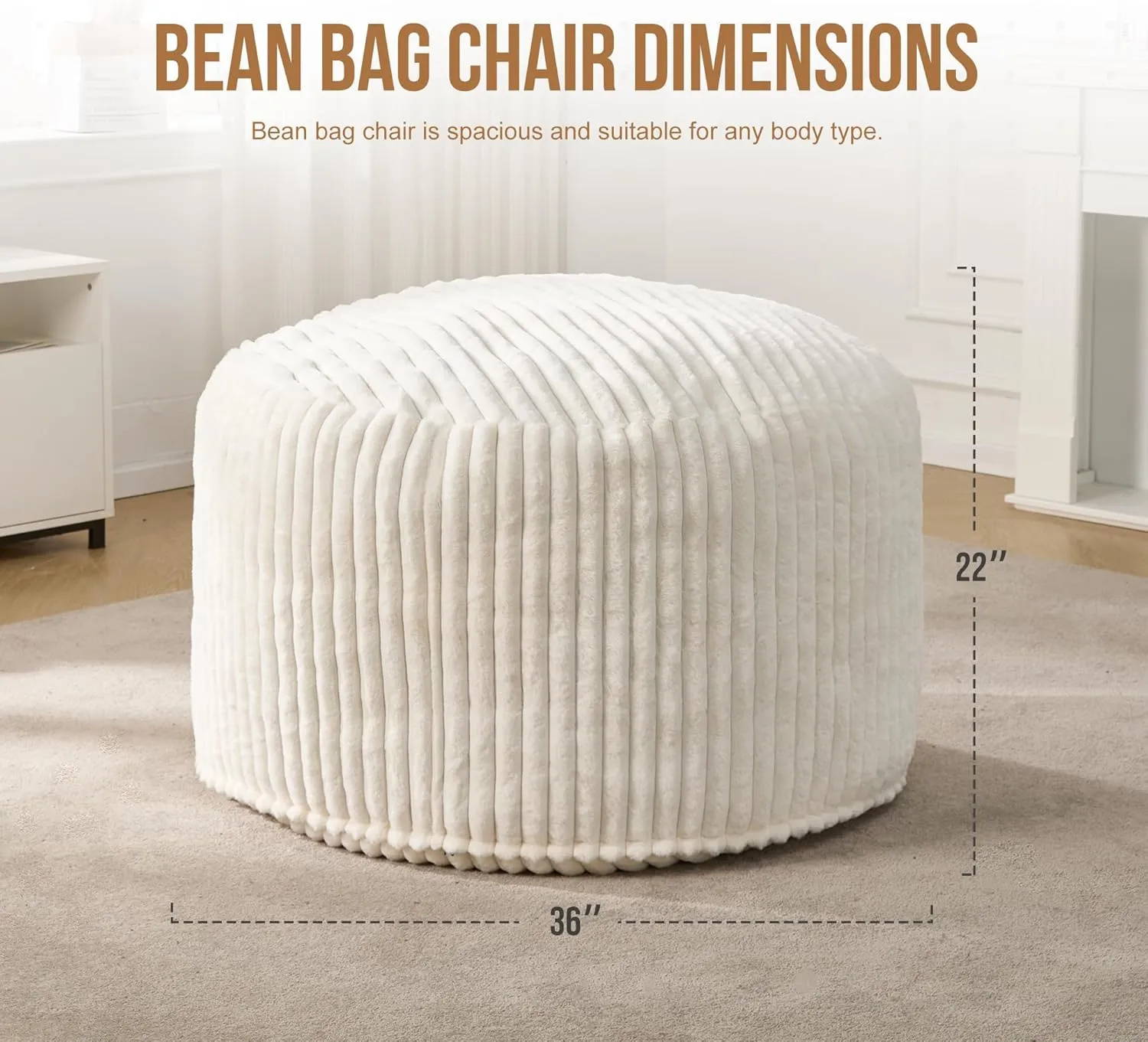 Hobestluk 3ft Bean Bag Chairs for Adults Large Beanbag Chair with Stripe Plush Cover Big Bean Bag Chair for Living Room Bedroom Dorm Office - White (36” x 36” x 22”)