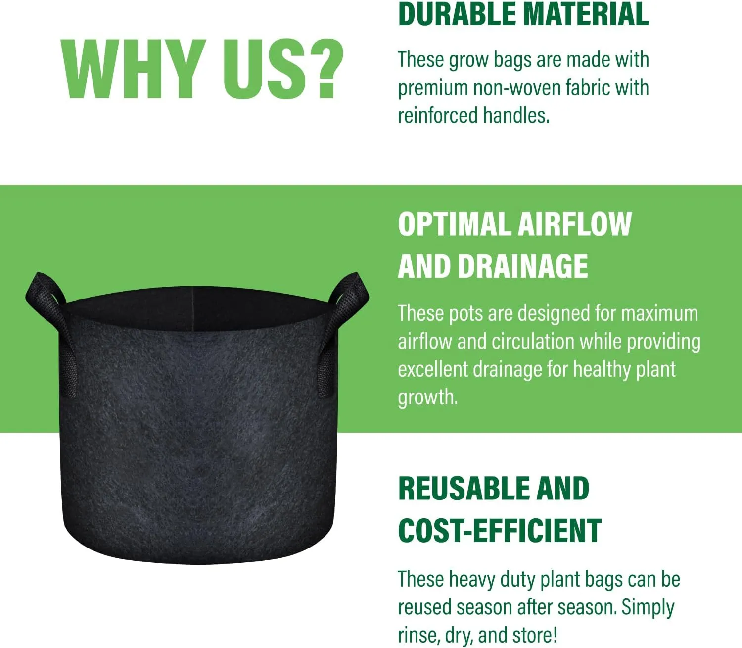 Humboldts Secret Fabric Grow Bags - Non Woven Fabric Plant Pots - Reusable Garden Bags - Plant Grow Bags for Indoor and Outdoor Plants - Thick Fabric Pots with Handles (5-Pack) (3 Gallon)