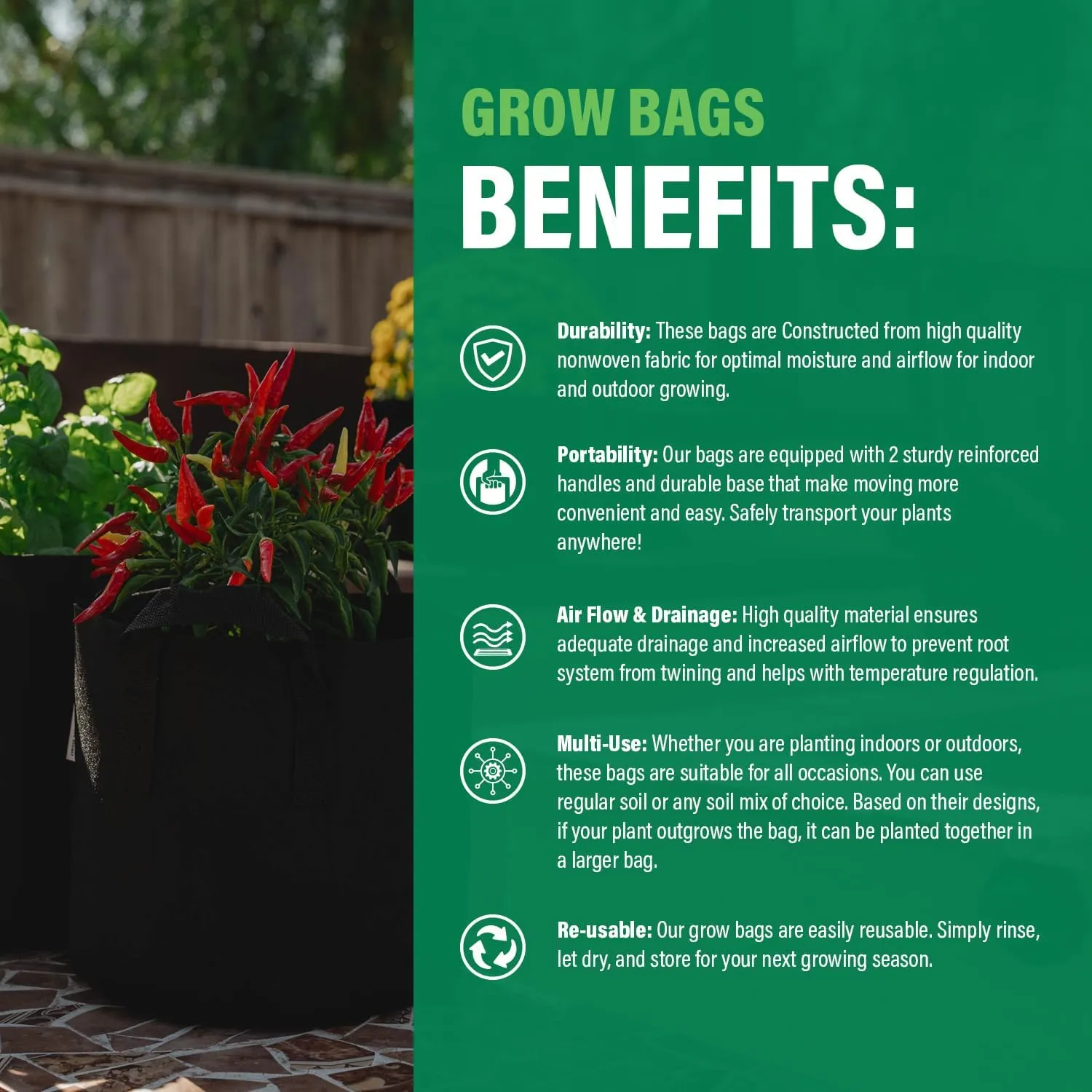 Humboldts Secret Fabric Grow Bags - Non Woven Fabric Plant Pots - Reusable Garden Bags - Plant Grow Bags for Indoor and Outdoor Plants - Thick Fabric Pots with Handles (5-Pack) (3 Gallon)