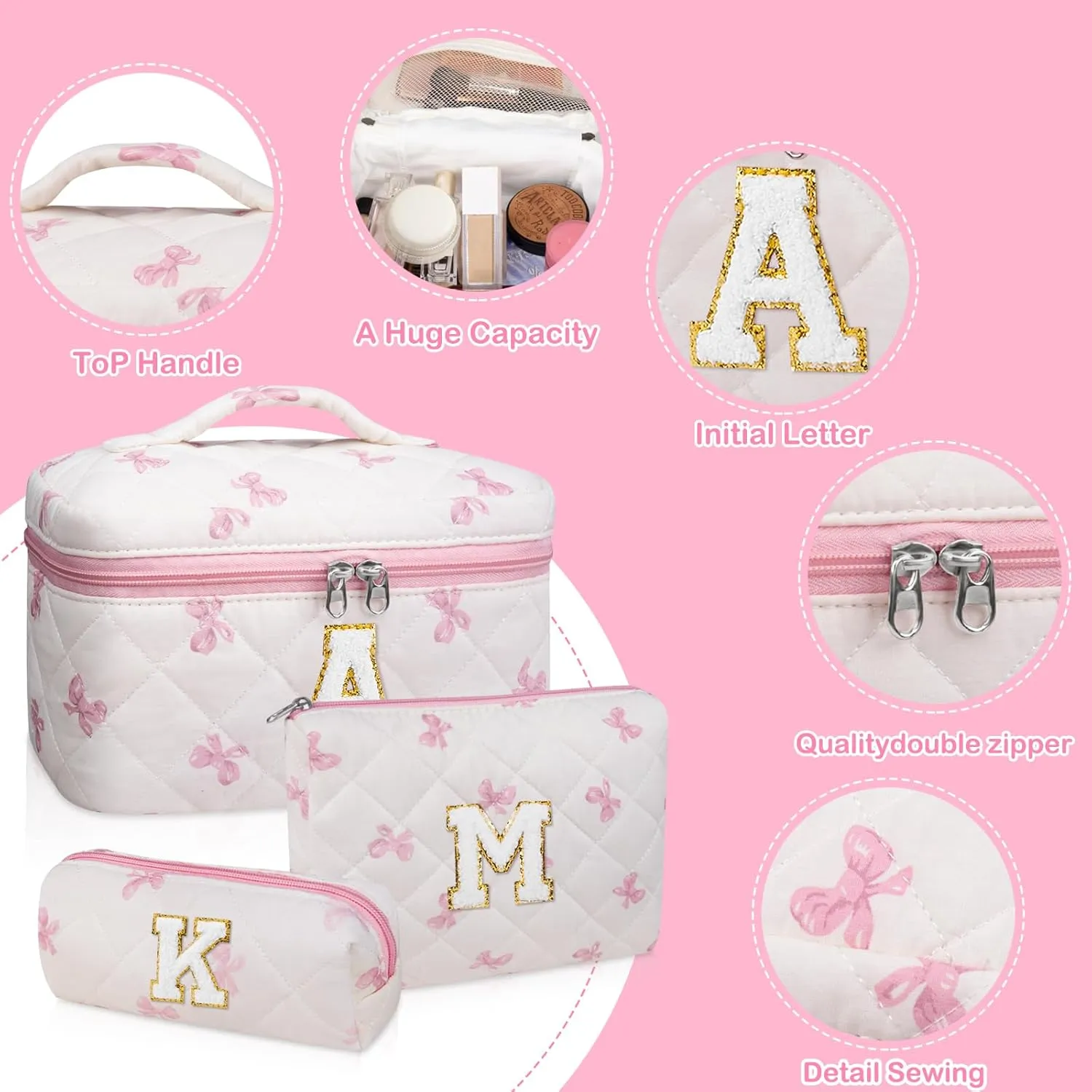 Initial Makeup Bag Set, Personalized Quilted Makeup Bag, Large Floral Cosmetic Bag for Women, Cute Cotton Custom Make up Bags, Flower Travel Toiletry Bag Teen Girl Gift Pink Butterfly A