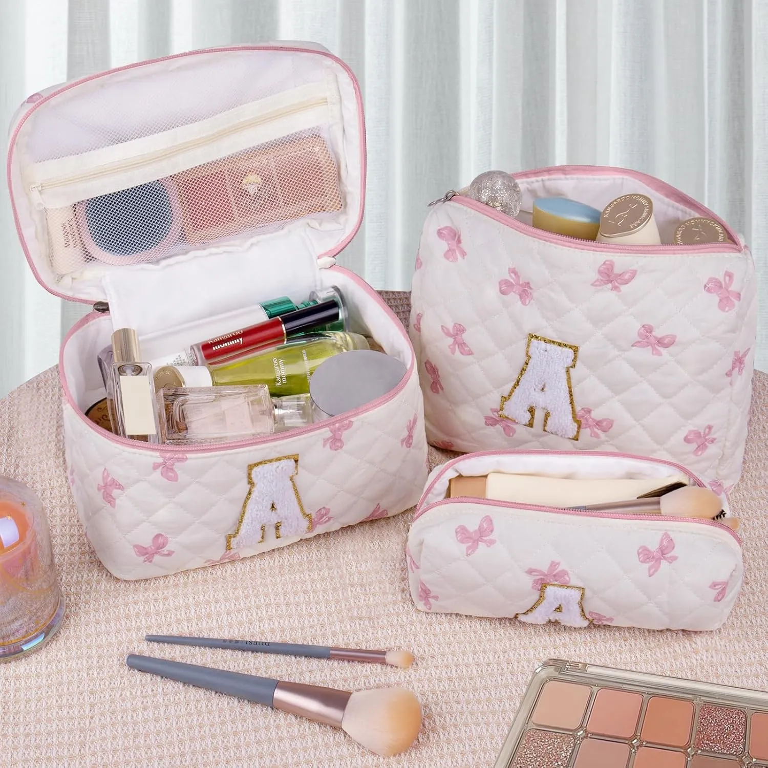 Initial Makeup Bag Set, Personalized Quilted Makeup Bag, Large Floral Cosmetic Bag for Women, Cute Cotton Custom Make up Bags, Flower Travel Toiletry Bag Teen Girl Gift Pink Butterfly A