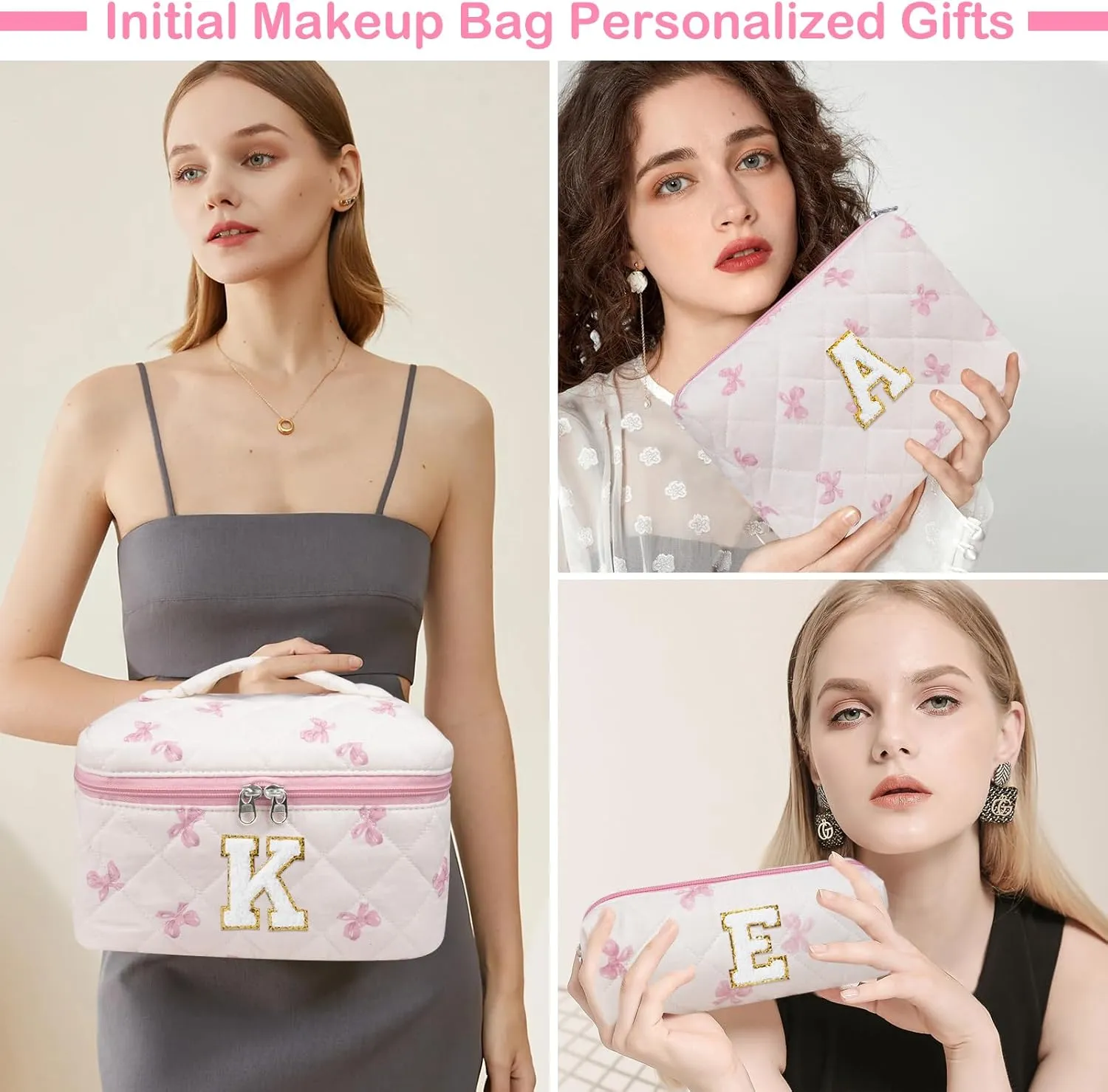 Initial Makeup Bag Set, Personalized Quilted Makeup Bag, Large Floral Cosmetic Bag for Women, Cute Cotton Custom Make up Bags, Flower Travel Toiletry Bag Teen Girl Gift Pink Butterfly A