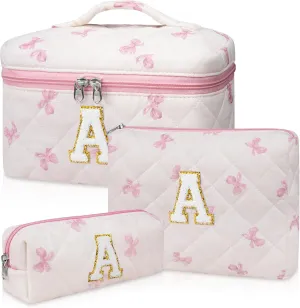 Initial Makeup Bag Set, Personalized Quilted Makeup Bag, Large Floral Cosmetic Bag for Women, Cute Cotton Custom Make up Bags, Flower Travel Toiletry Bag Teen Girl Gift Pink Butterfly A