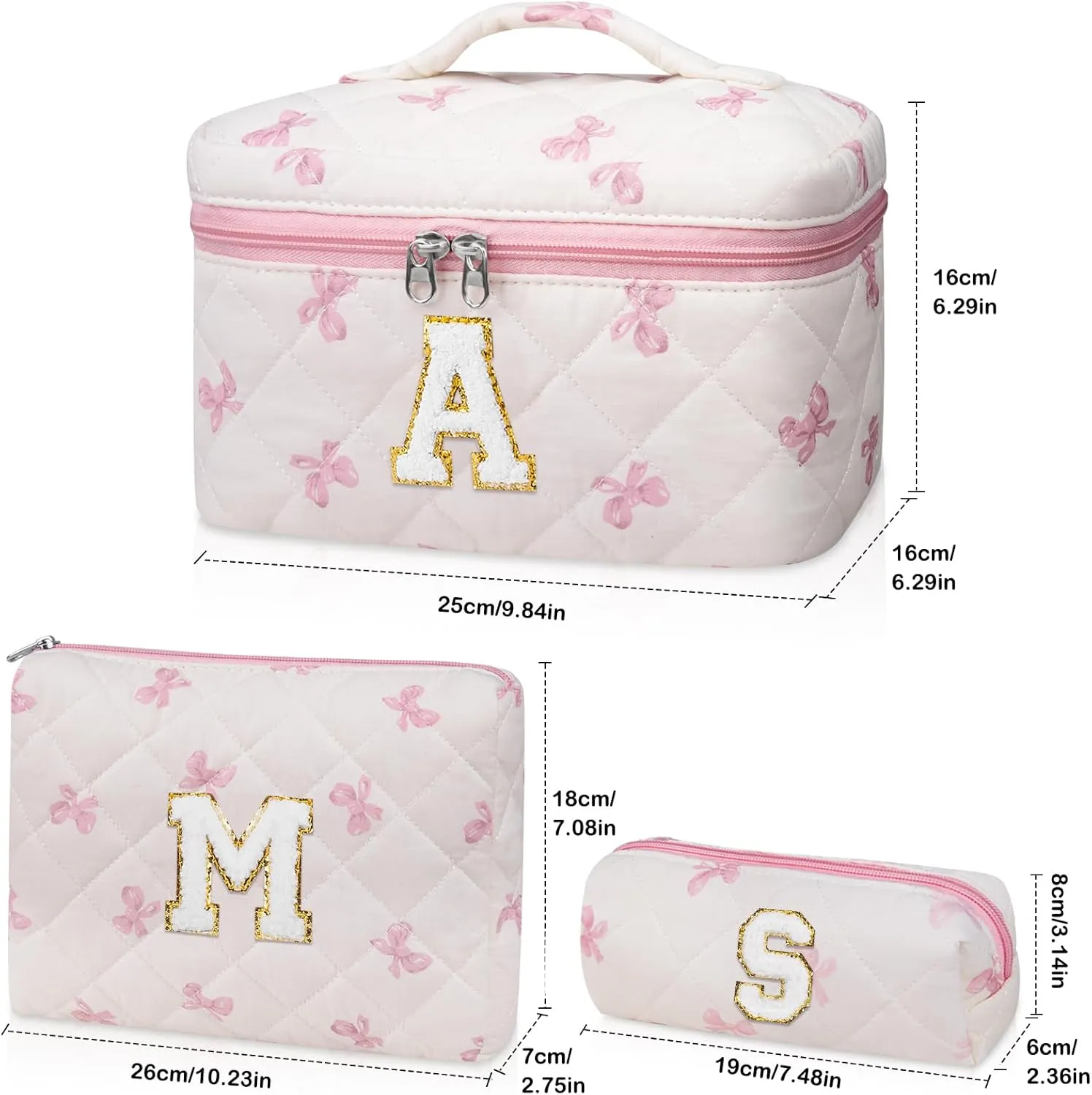 Initial Makeup Bag Set, Personalized Quilted Makeup Bag, Large Floral Cosmetic Bag for Women, Cute Cotton Custom Make up Bags, Flower Travel Toiletry Bag Teen Girl Gift Pink Butterfly A