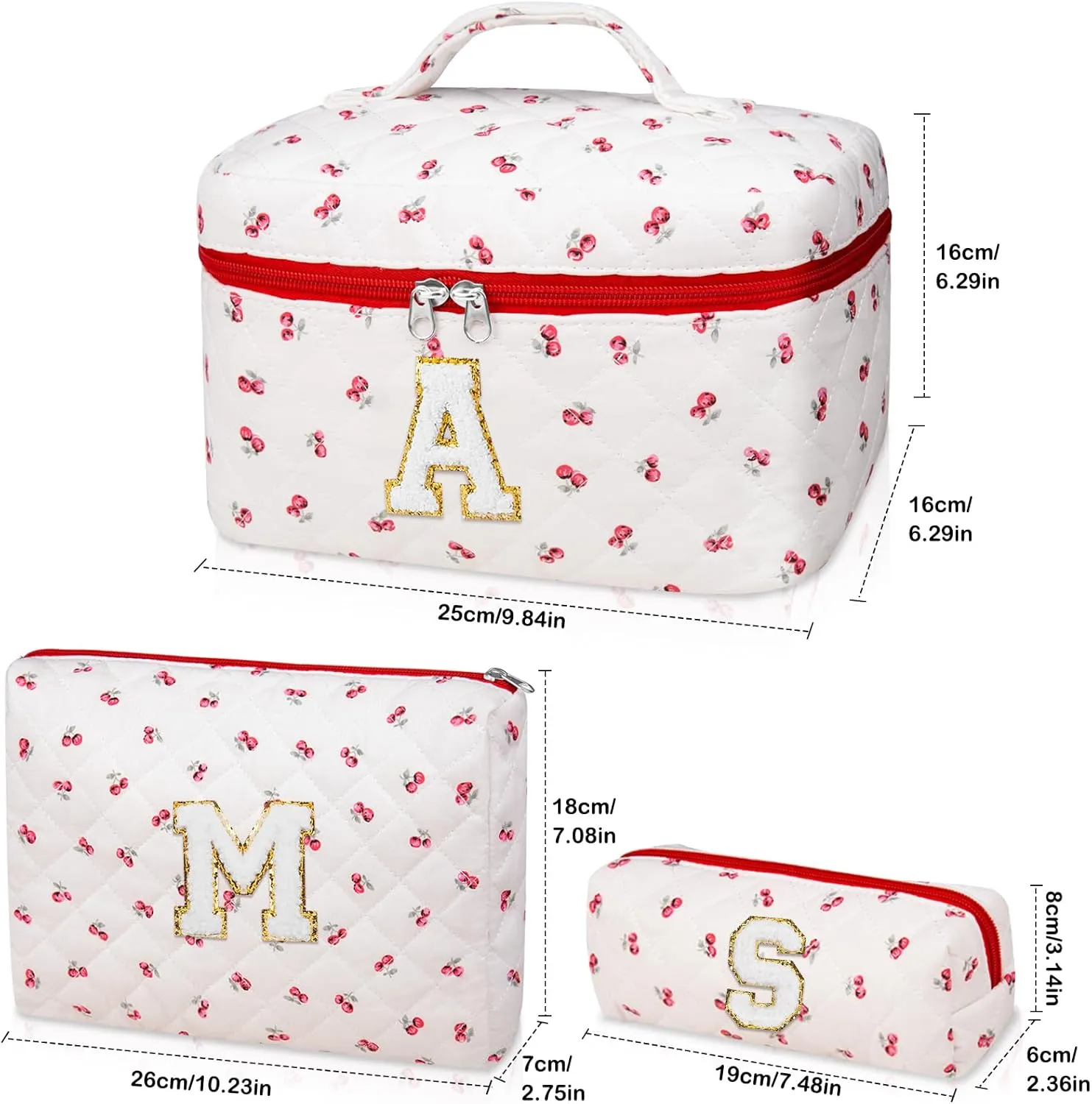 Initial Makeup Bag Set, Personalized Quilted Makeup Bag, Large Floral Cosmetic Bag for Women, Cute Cotton Custom Make up Bags, Flower Travel Toiletry Bag Teen Girl Gift Trendy Stuff Gift Red Cherry A