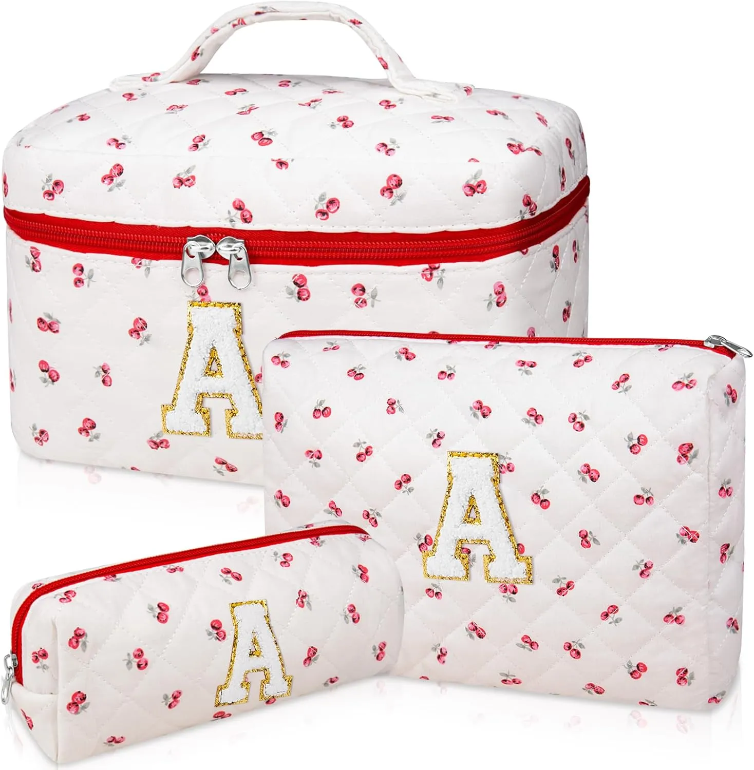 Initial Makeup Bag Set, Personalized Quilted Makeup Bag, Large Floral Cosmetic Bag for Women, Cute Cotton Custom Make up Bags, Flower Travel Toiletry Bag Teen Girl Gift Trendy Stuff Gift Red Cherry A