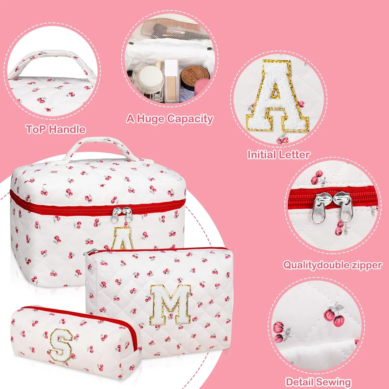 Initial Makeup Bag Set, Personalized Quilted Makeup Bag, Large Floral Cosmetic Bag for Women, Cute Cotton Custom Make up Bags, Flower Travel Toiletry Bag Teen Girl Gift Trendy Stuff Gift Red Cherry A