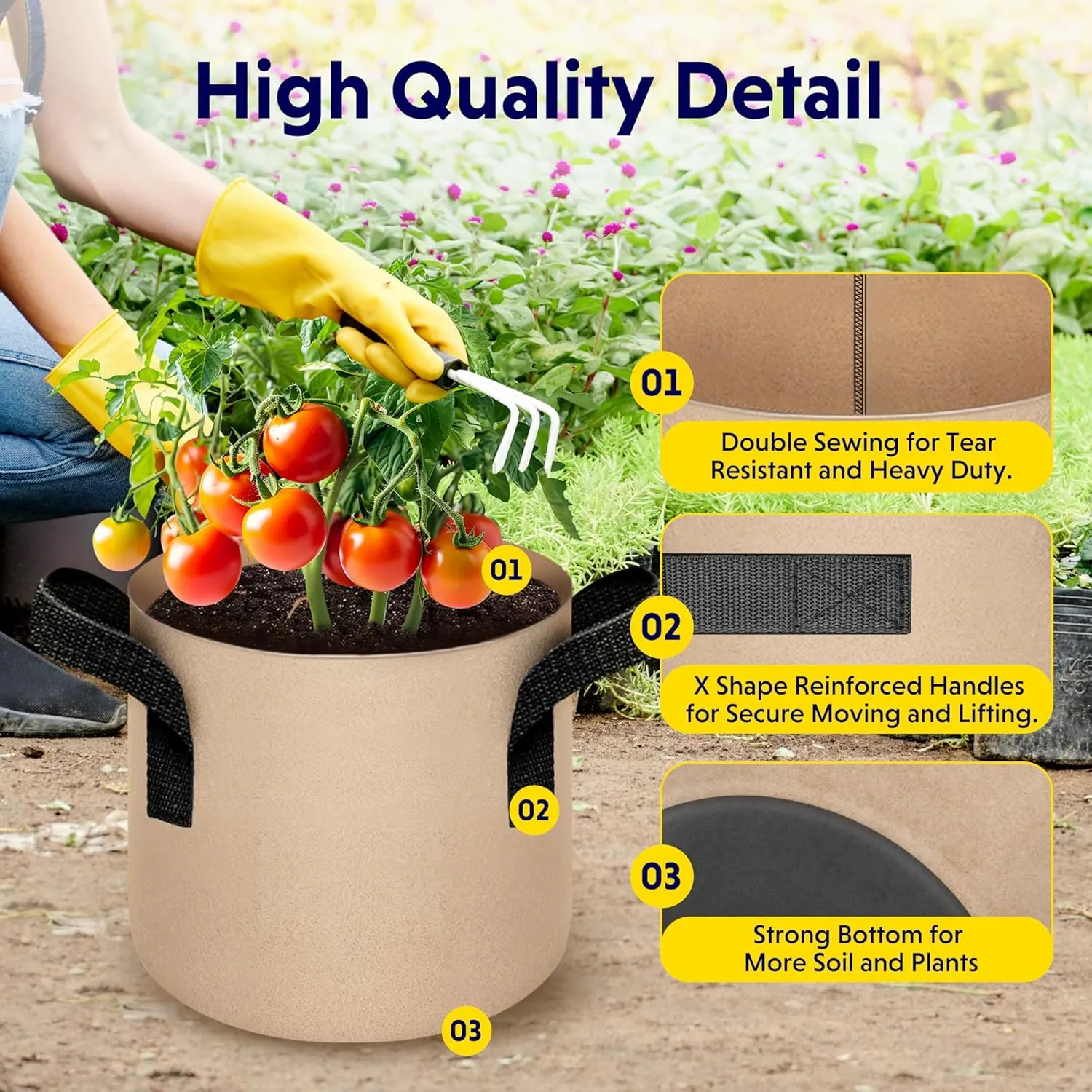 iPower 5-Pack 10 Gallon Plant Grow Bags Thickened Nonwoven Aeration Fabric Pots Heavy Duty Durable Container, Strap Handles for Garden, Tan New
