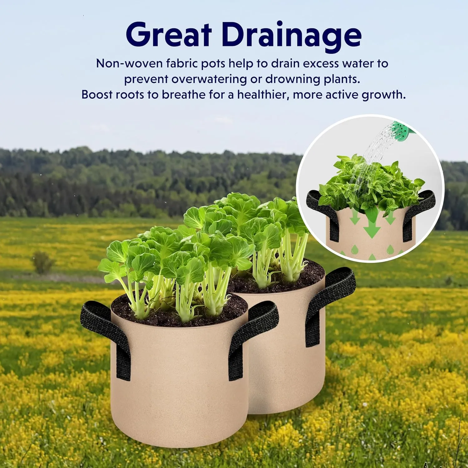 iPower 5-Pack 10 Gallon Plant Grow Bags Thickened Nonwoven Aeration Fabric Pots Heavy Duty Durable Container, Strap Handles for Garden, Tan New