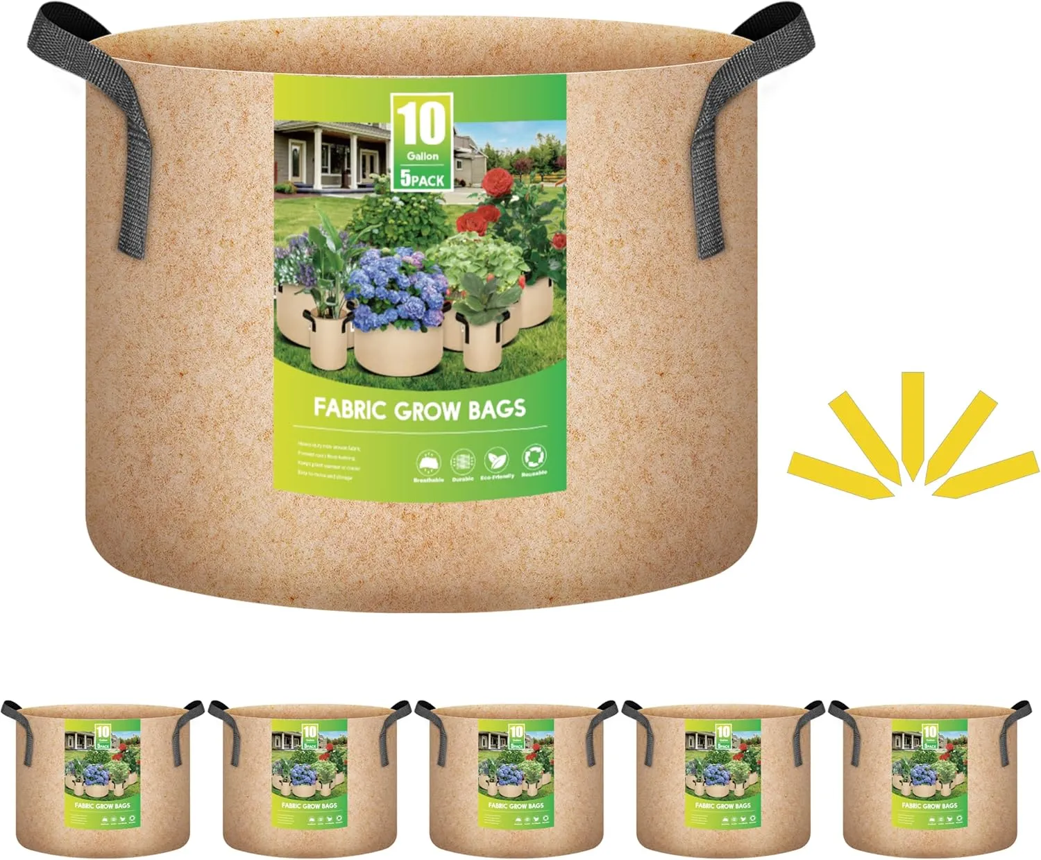 iPower 5-Pack 10 Gallon Plant Grow Bags Thickened Nonwoven Aeration Fabric Pots Heavy Duty Durable Container, Strap Handles for Garden, Tan New