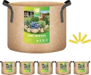 iPower 5-Pack 10 Gallon Plant Grow Bags Thickened Nonwoven Aeration Fabric Pots Heavy Duty Durable Container, Strap Handles for Garden, Tan New