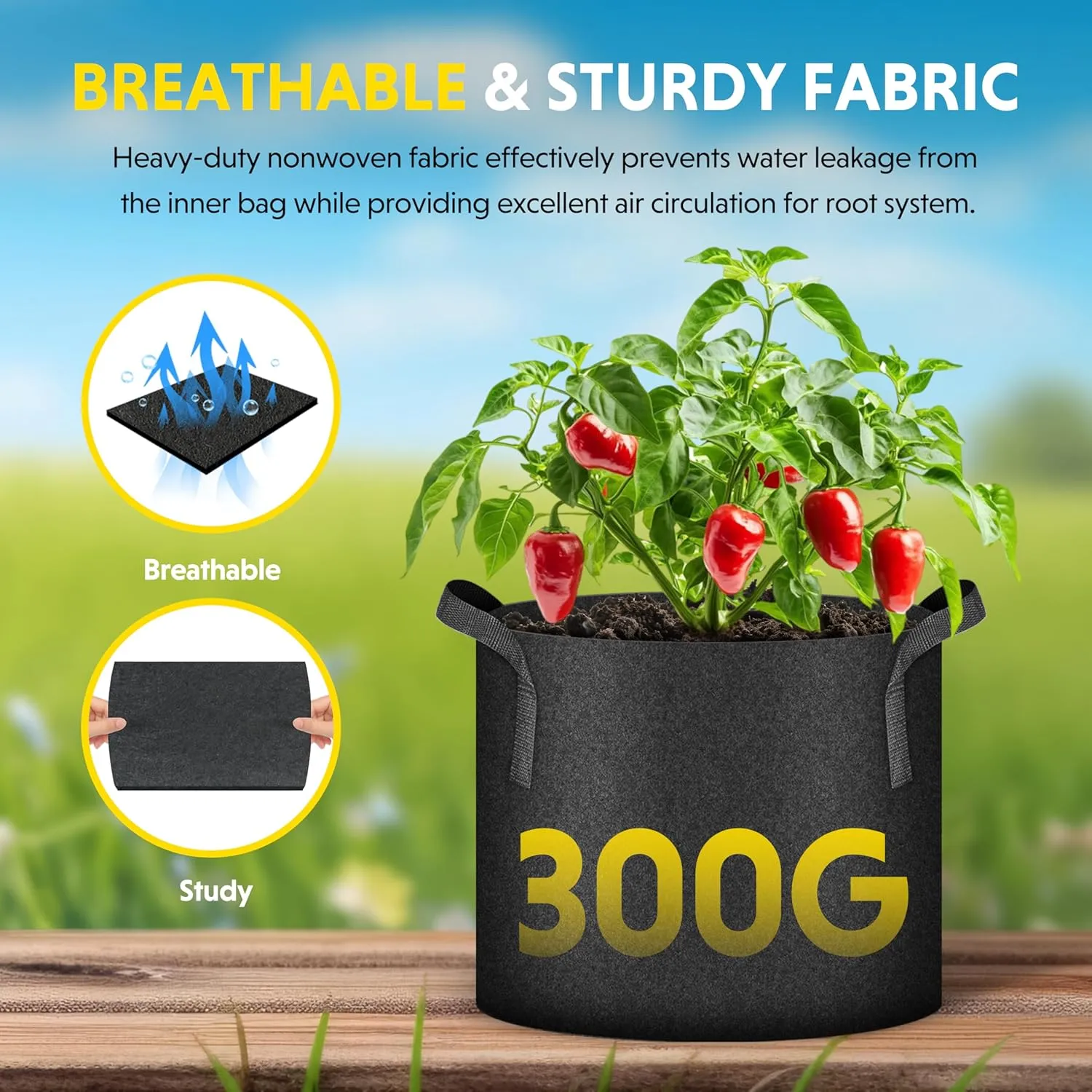 iPower 5-Pack 15 Gallon Plant Grow Bags Thickened Nonwoven Aeration Fabric Pots Heavy Duty Durable Container, Strap Handles for Garden, Black