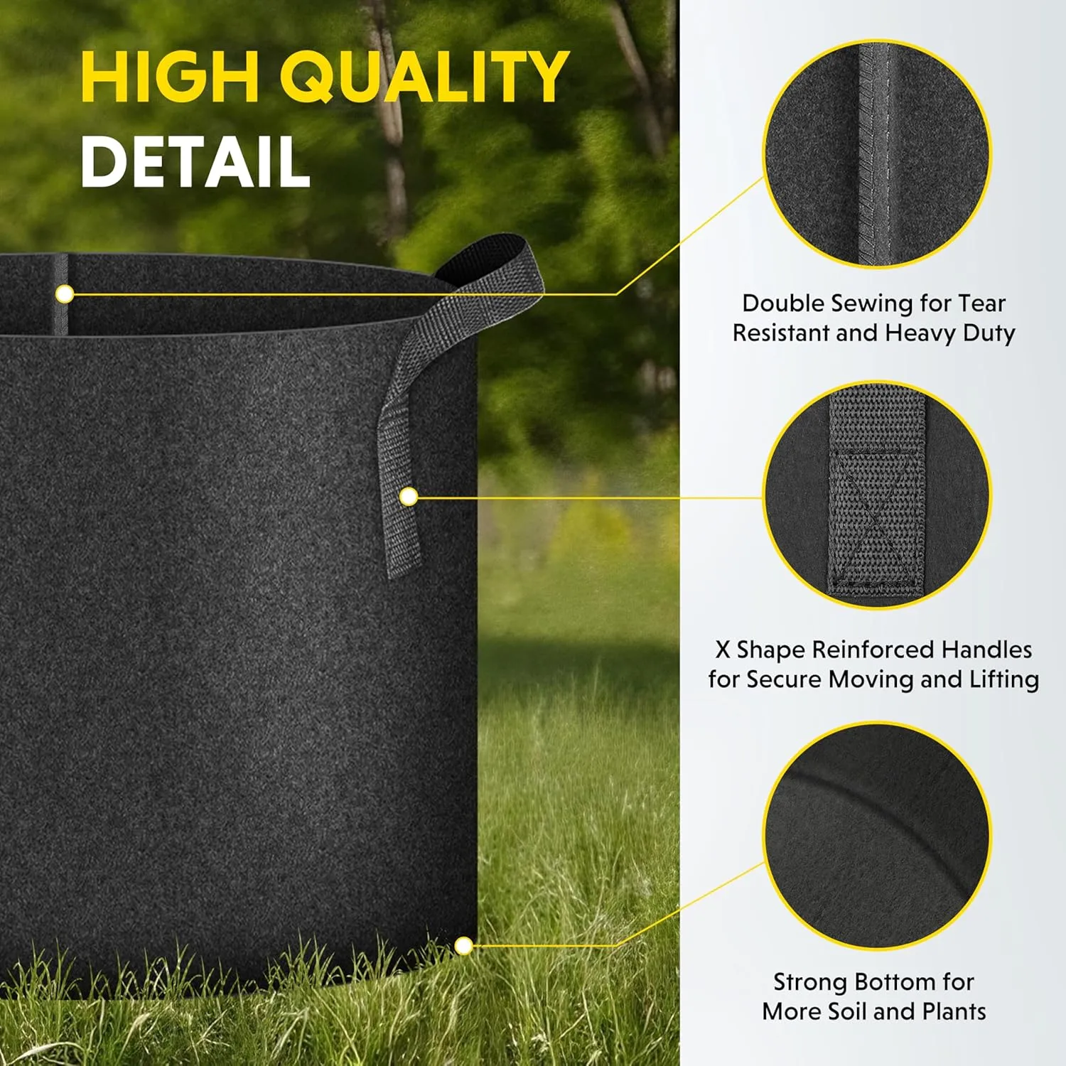 iPower 5-Pack 15 Gallon Plant Grow Bags Thickened Nonwoven Aeration Fabric Pots Heavy Duty Durable Container, Strap Handles for Garden, Black