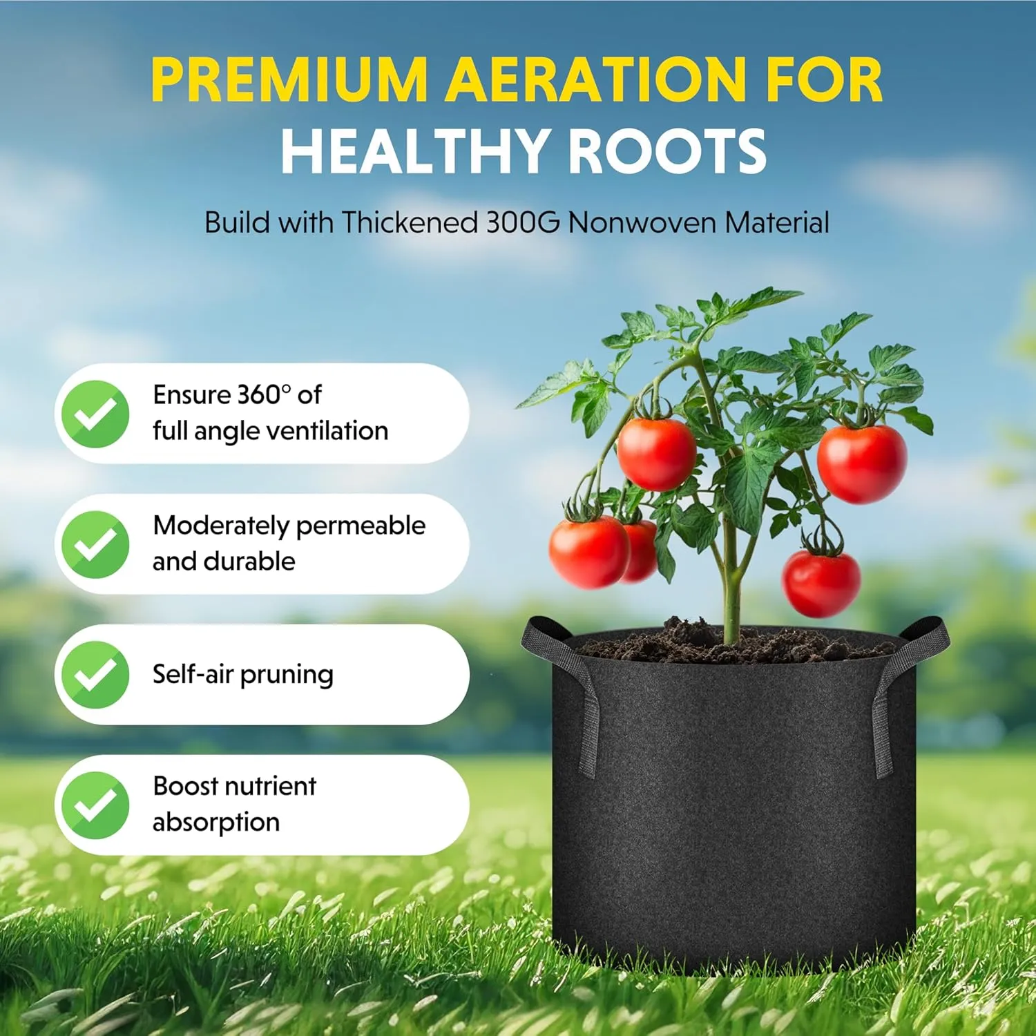iPower 5-Pack 15 Gallon Plant Grow Bags Thickened Nonwoven Aeration Fabric Pots Heavy Duty Durable Container, Strap Handles for Garden, Black