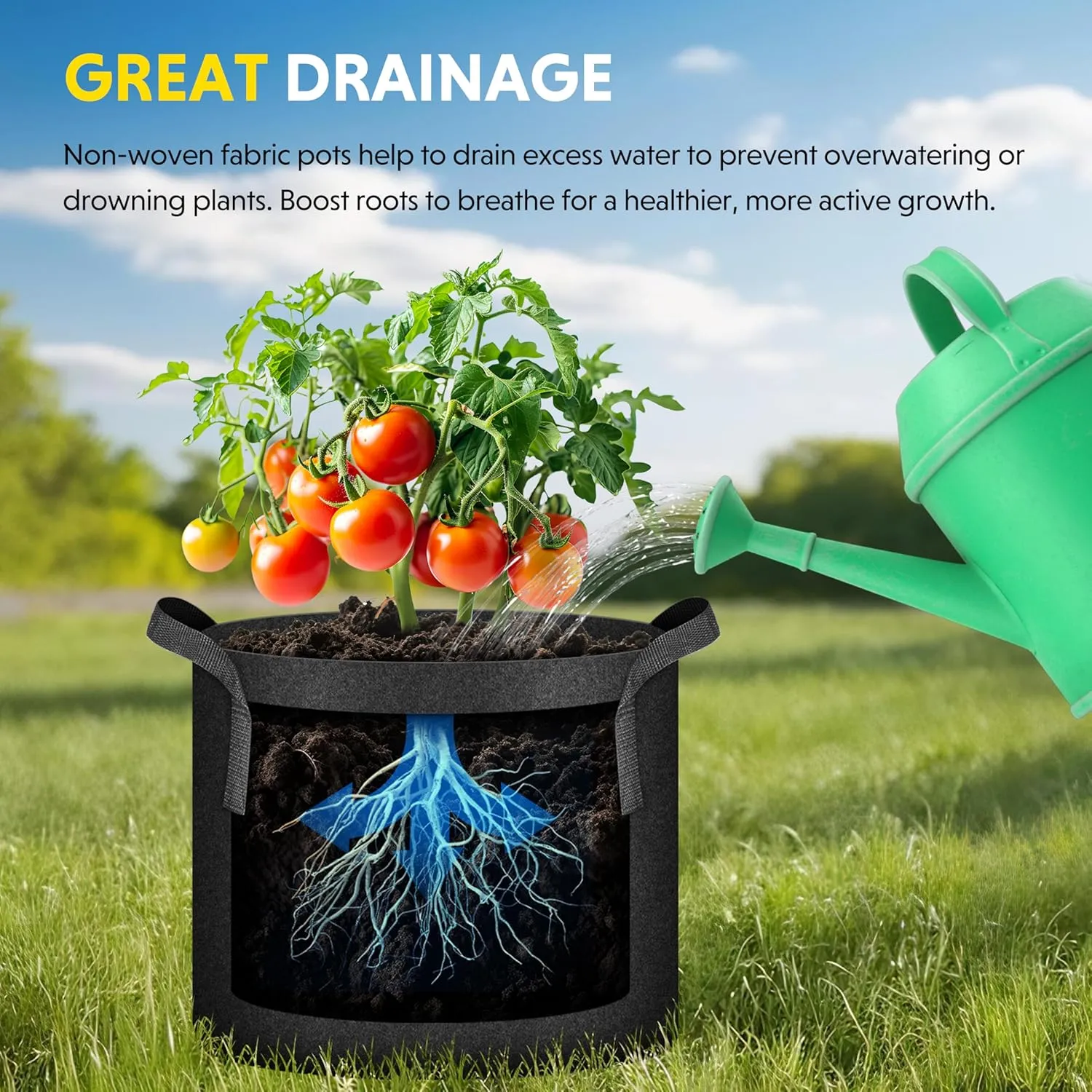 iPower 5-Pack 15 Gallon Plant Grow Bags Thickened Nonwoven Aeration Fabric Pots Heavy Duty Durable Container, Strap Handles for Garden, Black