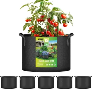 iPower 5-Pack 15 Gallon Plant Grow Bags Thickened Nonwoven Aeration Fabric Pots Heavy Duty Durable Container, Strap Handles for Garden, Black