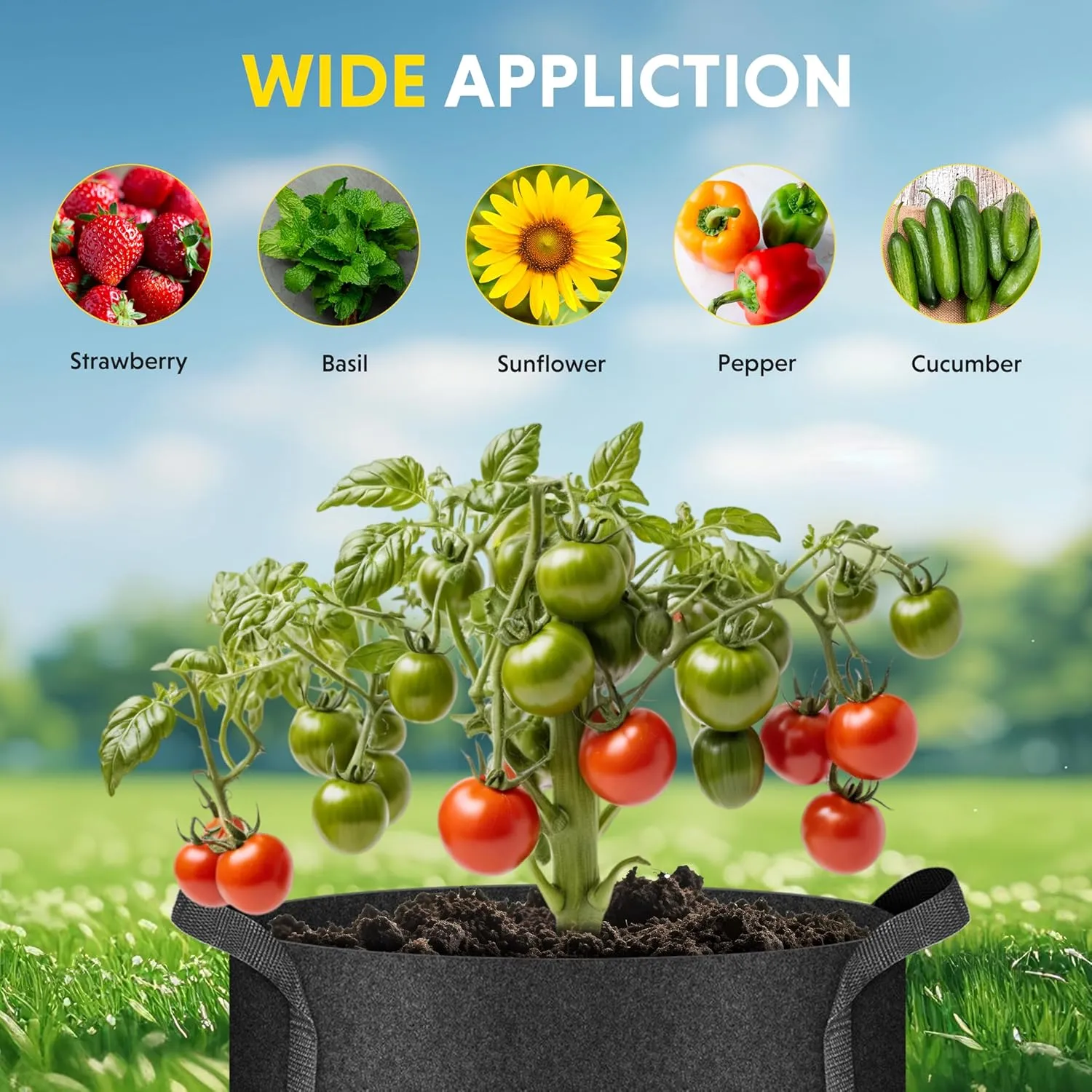 iPower 5-Pack 15 Gallon Plant Grow Bags Thickened Nonwoven Aeration Fabric Pots Heavy Duty Durable Container, Strap Handles for Garden, Black