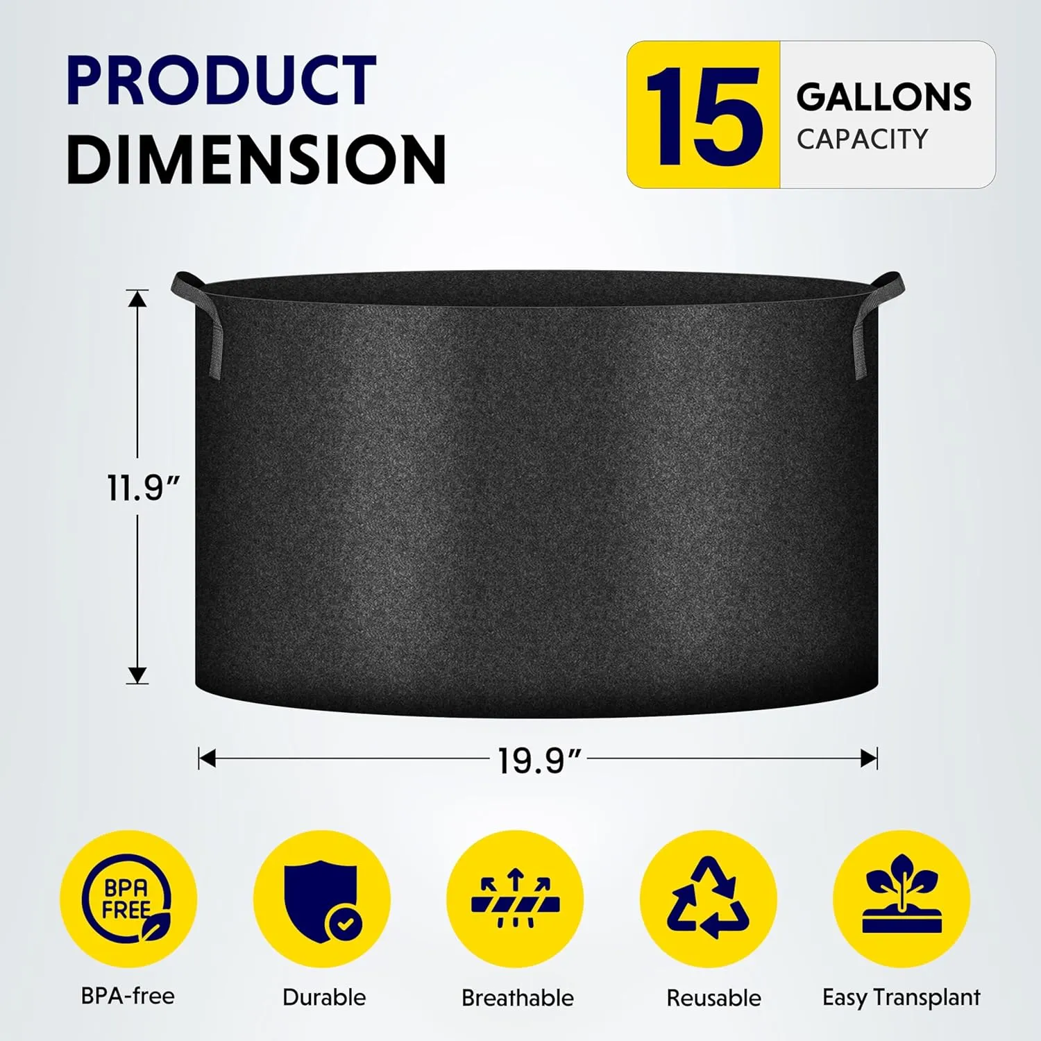 iPower 5-Pack 15 Gallon Plant Grow Bags Thickened Nonwoven Aeration Fabric Pots Heavy Duty Durable Container, Strap Handles for Garden, Black