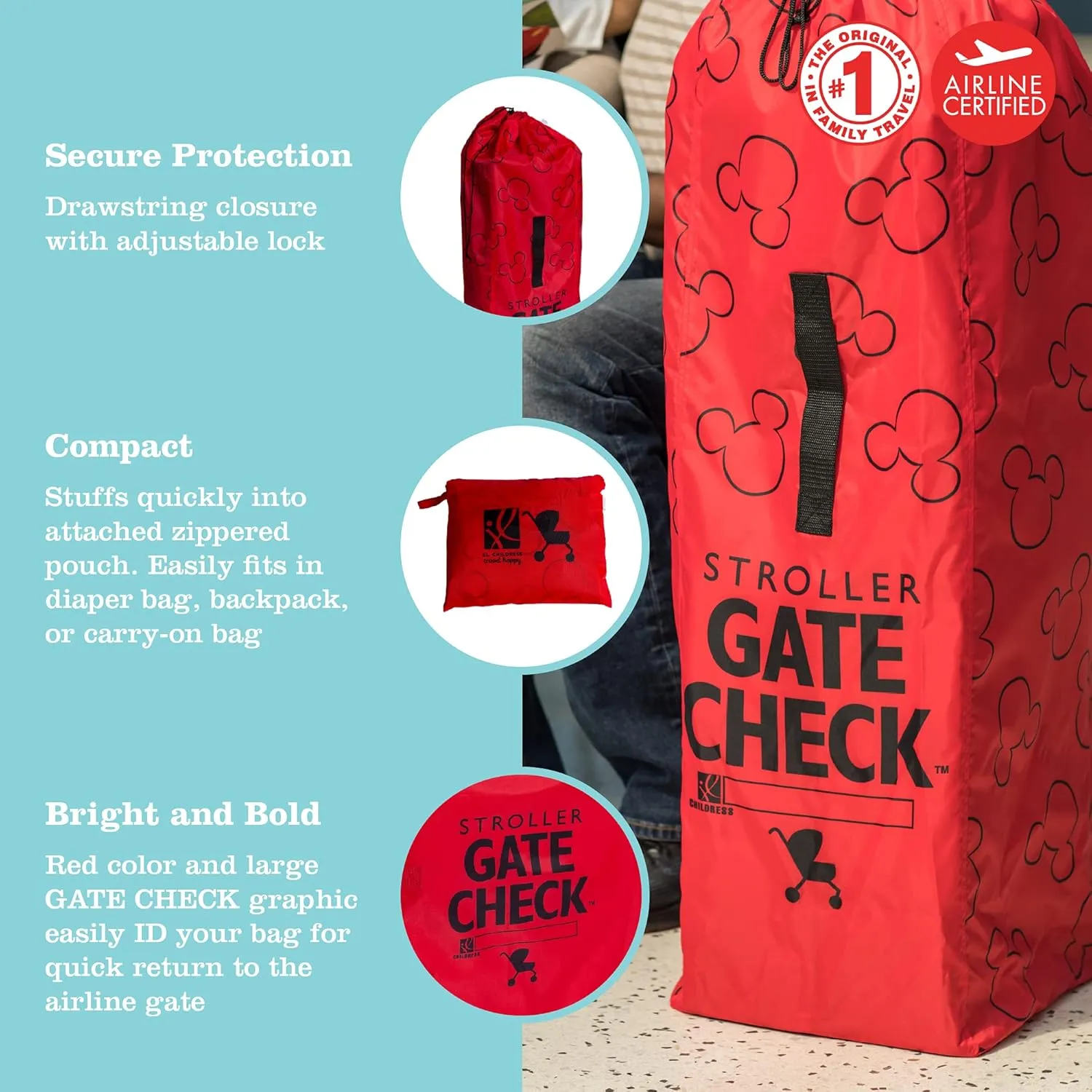 J.L. Childress Disney Baby Gate Check Bag for Single Umbrella Strollers - Disney Stroller Bag for Airplane - Stroller Travel Bag for Airplane - Red, Mickey Mouse