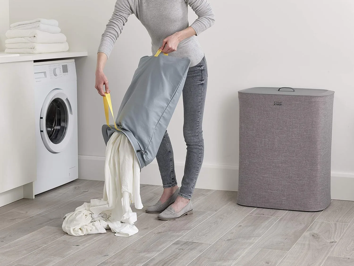 Joseph Joseph Tota 90-liter Laundry Hamper Separation Basket with lid, 2 Removable Washing Bags with Handles - Grey