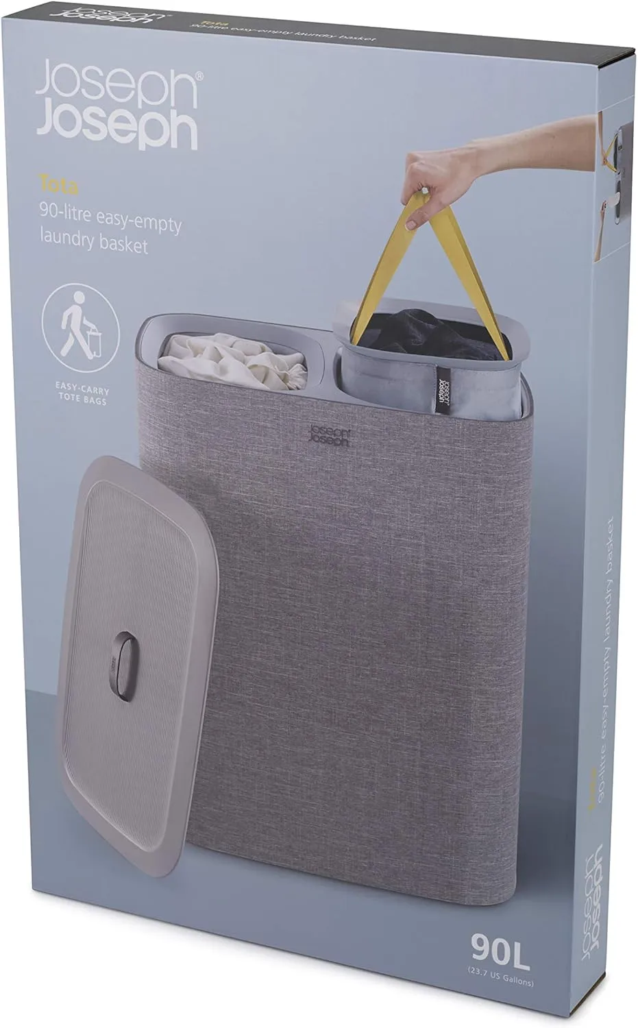 Joseph Joseph Tota 90-liter Laundry Hamper Separation Basket with lid, 2 Removable Washing Bags with Handles - Grey