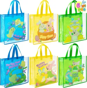 JOYIN 6 Pcs Easter Party Favor Supplies Gift Bags For Kids, 13" x 13" x 4" Big Size Non Woven Goodie Reusable Easter Rabbit Bunny Party Treat Bags with Handles for Egg Hunt