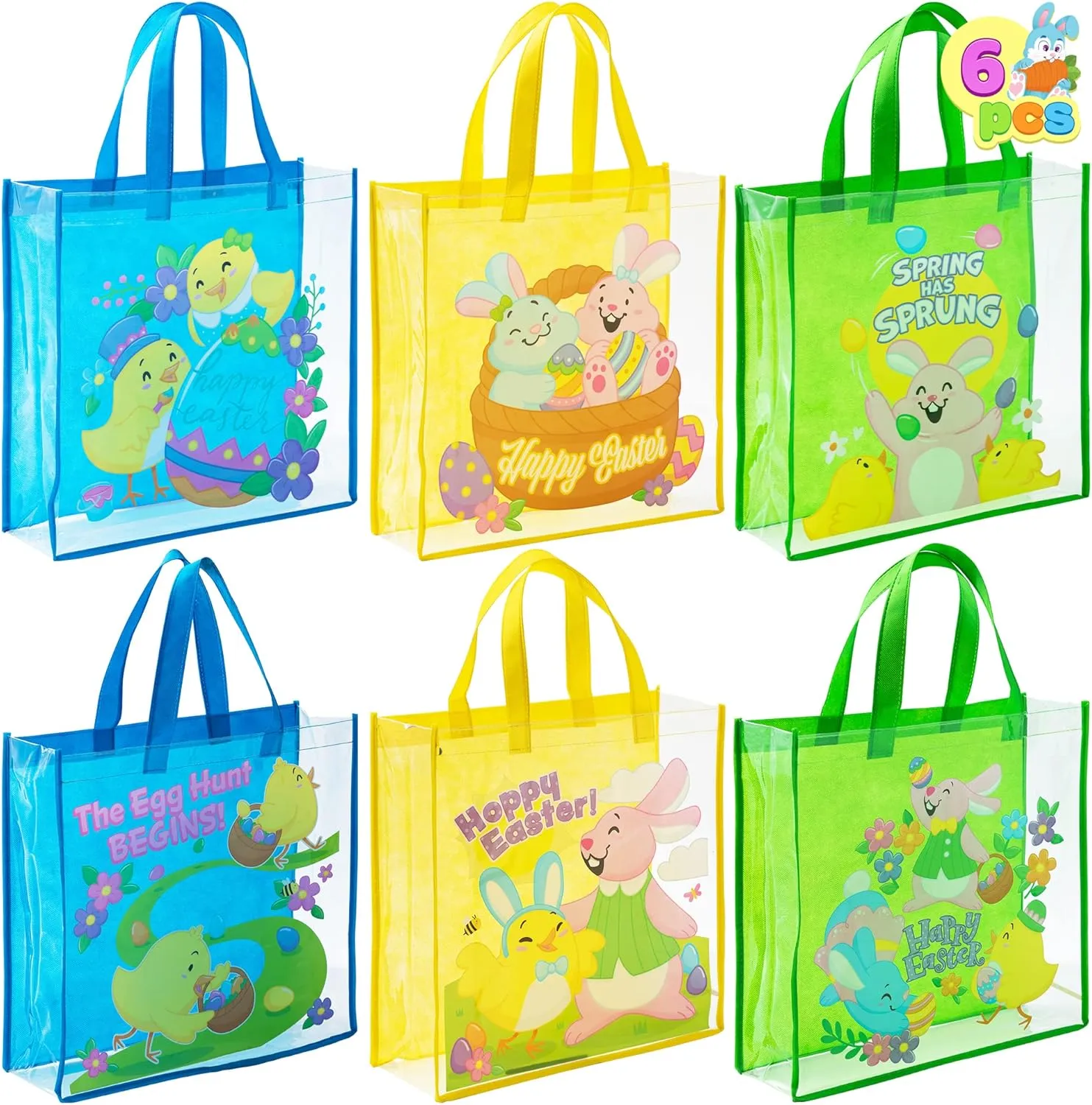 JOYIN 6 Pcs Easter Party Favor Supplies Gift Bags For Kids, 13" x 13" x 4" Big Size Non Woven Goodie Reusable Easter Rabbit Bunny Party Treat Bags with Handles for Egg Hunt