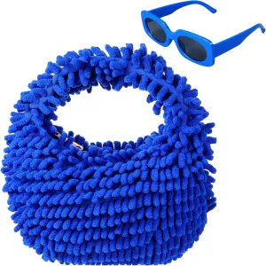 Kanayu 2 Pieces Neon Purse Fluffy Tote Bag and Sunglasses for Women Square Retro Sunglasses Fuzzy Purse
