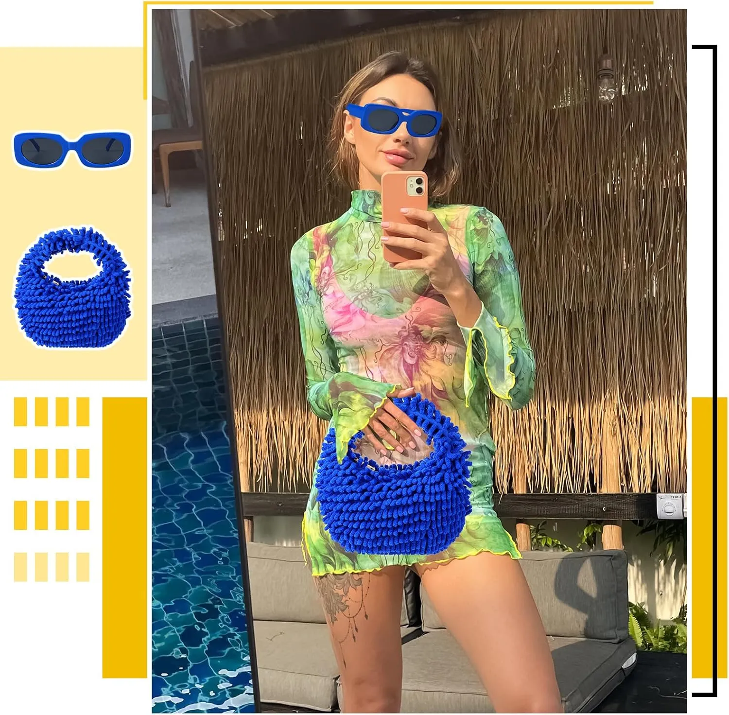 Kanayu 2 Pieces Neon Purse Fluffy Tote Bag and Sunglasses for Women Square Retro Sunglasses Fuzzy Purse