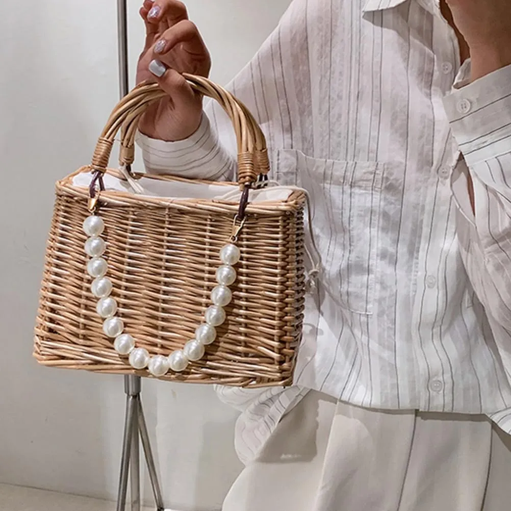 KESYOO 1pc Pearl Handbag Hand Bags Woven Tote Handbags Pearl Bag Portable Bag Summer Handle Purse Womens Wallets Women Cross Body Handbags Woman Beach Bag Straw Messenger