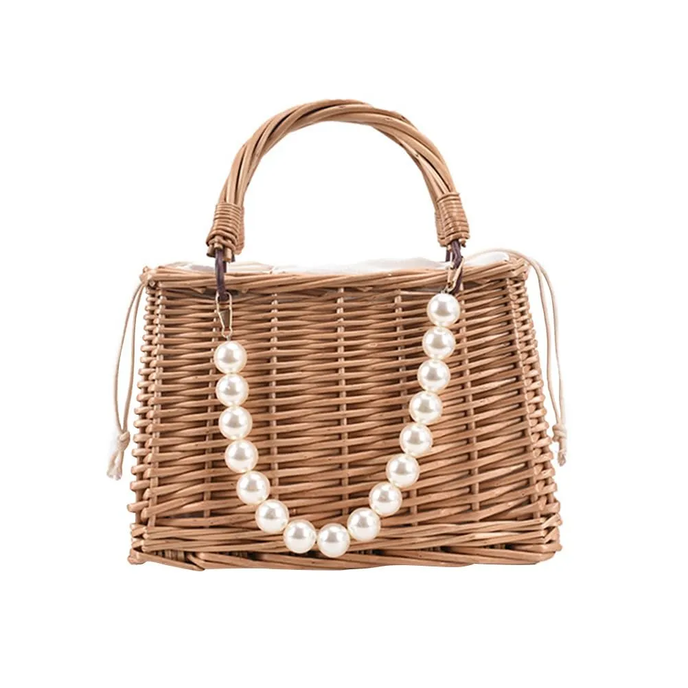 KESYOO 1pc Pearl Handbag Hand Bags Woven Tote Handbags Pearl Bag Portable Bag Summer Handle Purse Womens Wallets Women Cross Body Handbags Woman Beach Bag Straw Messenger