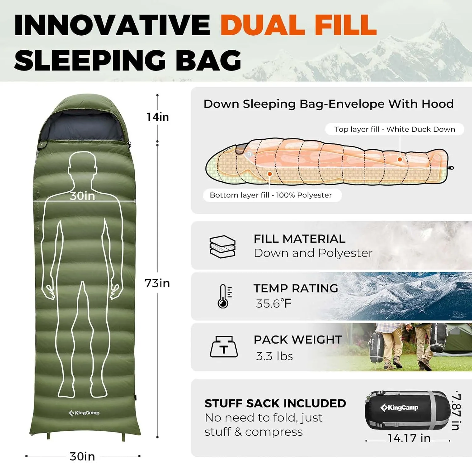 KingCamp Sleeping-Bags Down Sleeping Bag for Adults, Recycled 700 FP Cold Weather 3-4 Season Sleeping Bag