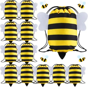 Kingdder 12 Pcs Bee Drawstring Bags Honey Bee Party Favor Bags Themed Birthday Sport Sack Gym Cloth Backpack Candy Goodie for Kids Boys Girls Animal Party Baby Shower Supply Decoration