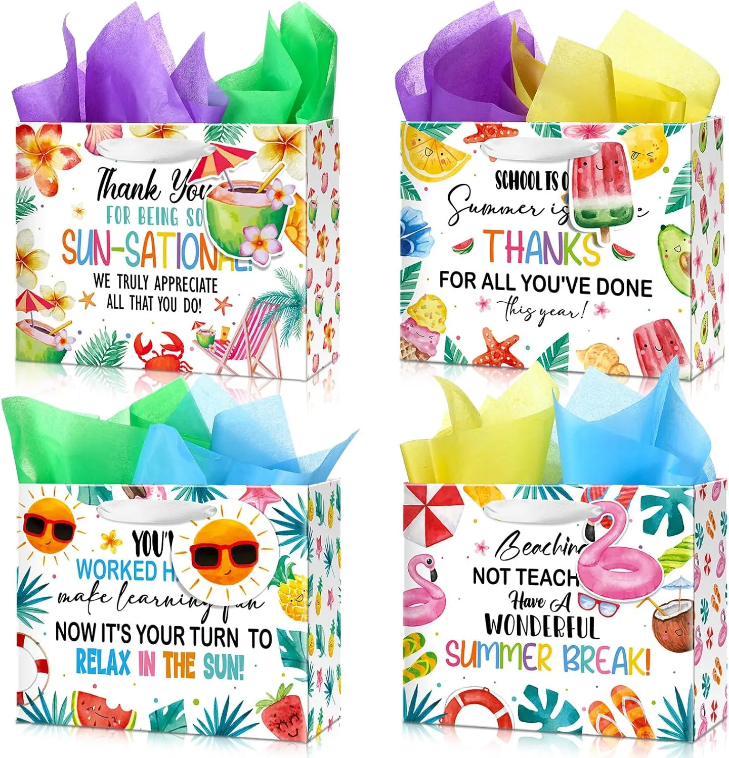 Kolldenn 12 Pcs End of Year Teacher Gifts Appreciation Gift Bag with Tissue Paper 10 x 8 x 4'' Medium Summer Thank You Teacher Wrapping Bag with Tag for Retirement School Year End Appreciation