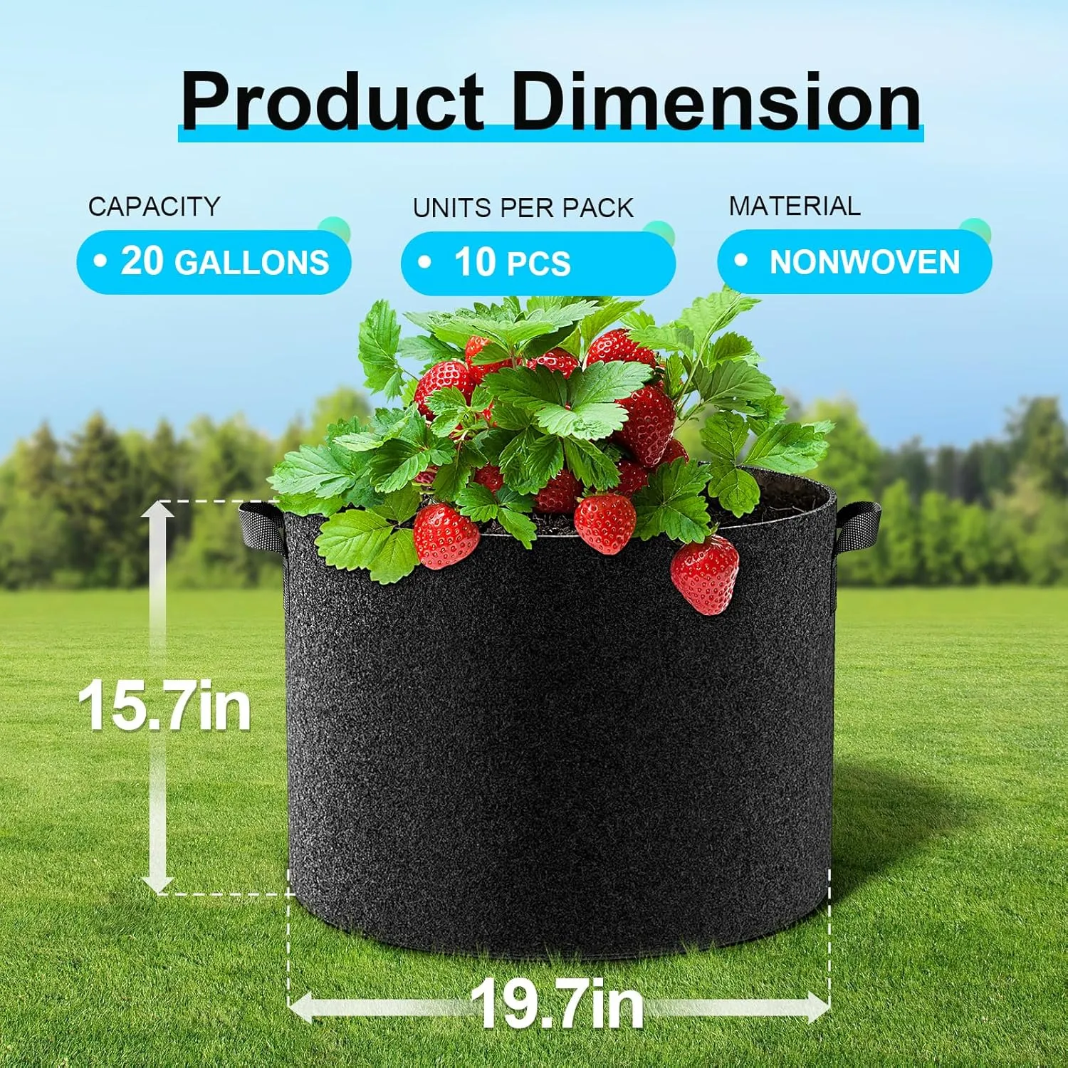 Land Guard 10-Pack Fabric Grow Bags 20 Gallon, 300G Thickened Nonwoven Plant Grow Bags, Grow Pots for Plants, Growing Bags with Handles, Planting Bags for Vegetables, Black