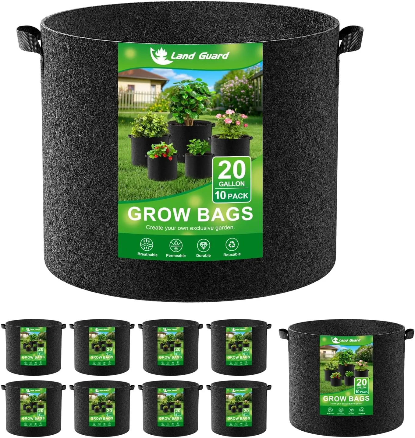 Land Guard 10-Pack Fabric Grow Bags 20 Gallon, 300G Thickened Nonwoven Plant Grow Bags, Grow Pots for Plants, Growing Bags with Handles, Planting Bags for Vegetables, Black