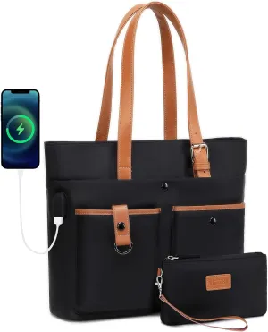 Laptop Bag for Women 15.6 Inch Work Tote Briefcase with USB Nylon Shoulder Handbag for Office Travel Business