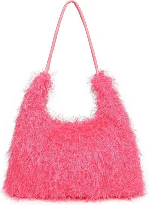 Large Furry Hobo Shoulder Crossbody Bag for Women Faux Fur Fuzzy Plush Purse and Handbag With Long Chain Strap