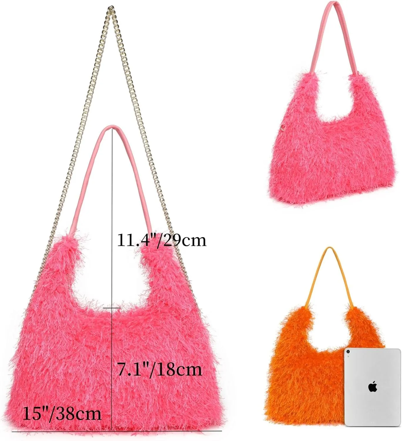 Large Furry Hobo Shoulder Crossbody Bag for Women Faux Fur Fuzzy Plush Purse and Handbag With Long Chain Strap