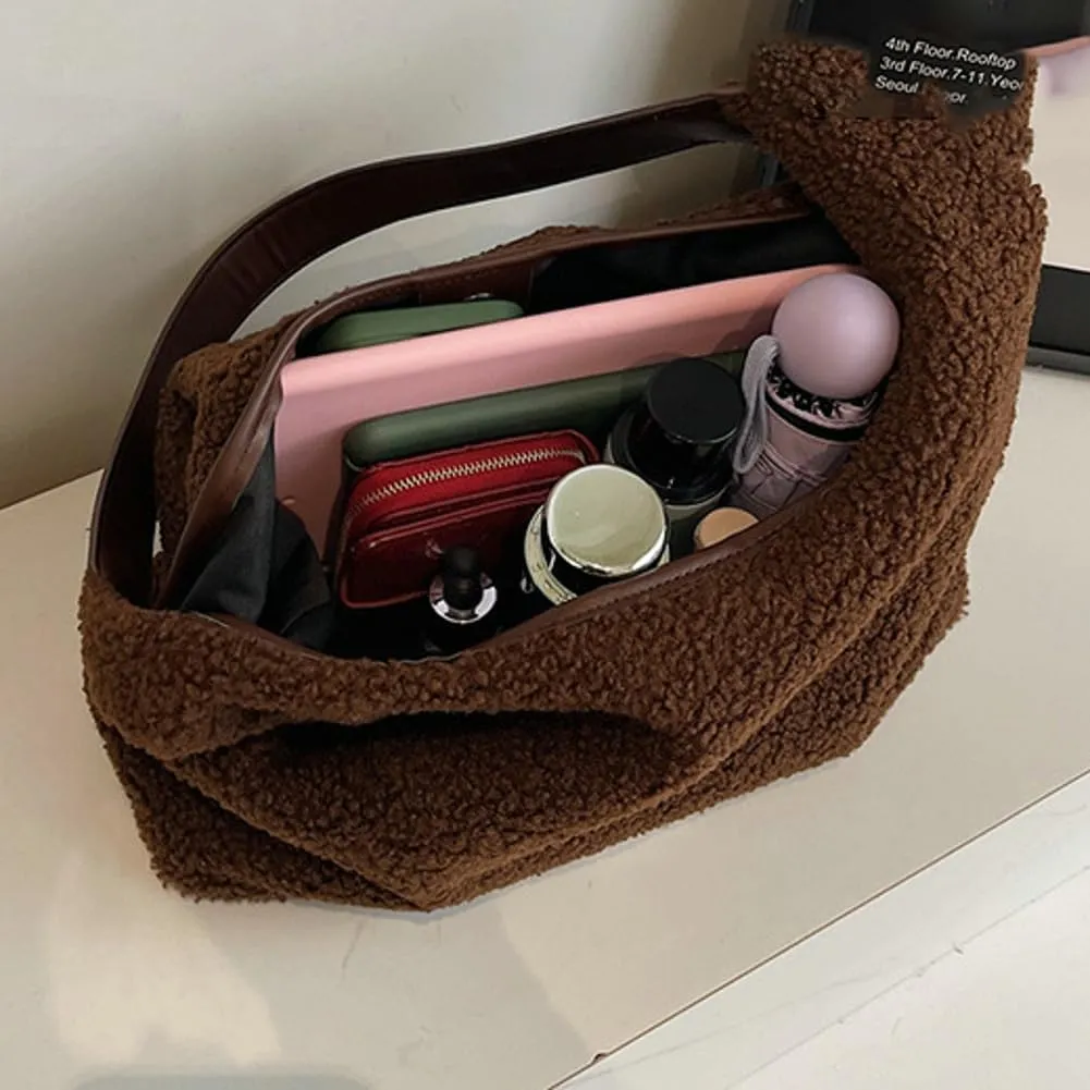 Large Tote Bag For Women Casual Fuzzy Plush Underarm Handbag Furry Shoulder Bag Faux Fur Winter Crossbody Bags Travel Purse