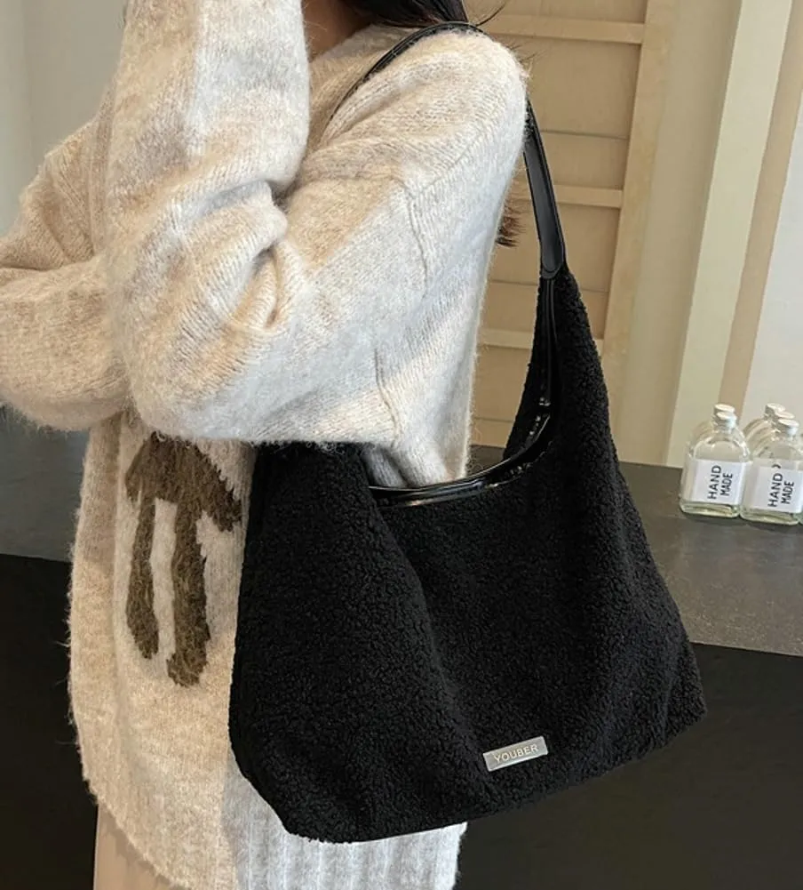 Large Tote Bag For Women Casual Fuzzy Plush Underarm Handbag Furry Shoulder Bag Faux Fur Winter Crossbody Bags Travel Purse